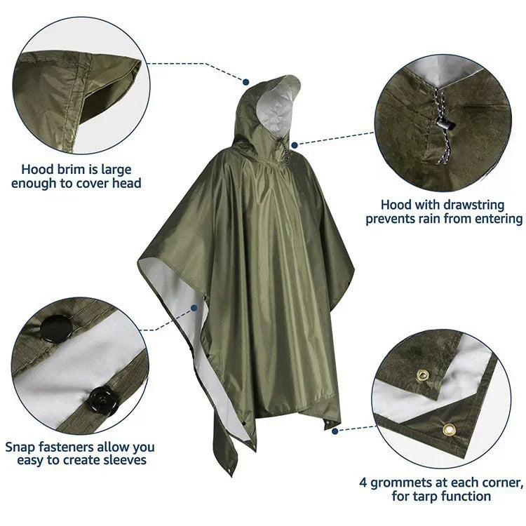 3 In 1 Outdoor Military Raincoat Hooded Sleeve Waterproof Rain Poncho Motorcycle Rain Cover Camping Hiking Travel Rainwear Tent