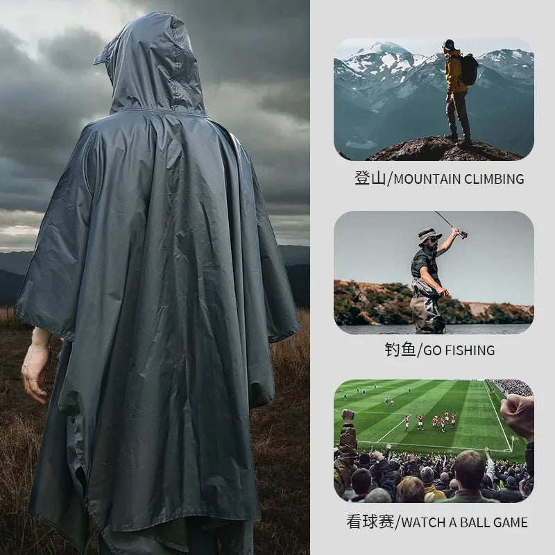 3 In 1 Outdoor Military Raincoat Hooded Sleeve Waterproof Rain Poncho Motorcycle Rain Cover Camping Hiking Travel Rainwear Tent
